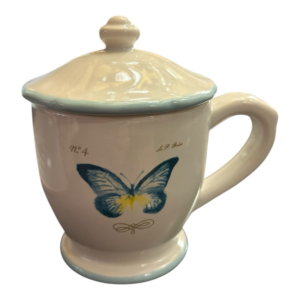 Set of 3 Williams Sonoma Marc Lacaze Butterfly Garden Lidded Mugs 2008 Pink Blue - Picture 2 of 5